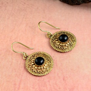 Black and gold huggie hoops, Dainty sleeper earrings with black spinel charms, Tiny second hole hoop, Silver image 2