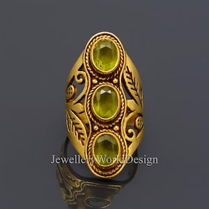 Peridot Gold Statement Ring, Triple Green Gemstone Ring, Vintage Style Handmade Brass Ring, Boho Luxury Jewelry, Gift for Her image 1