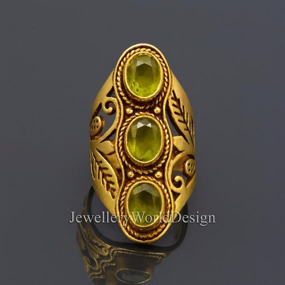 Peridot Gold Statement Ring, Triple Green Gemstone Ring, Vintage Style Handmade Brass Ring, Boho Luxury Jewelry, Gift for Her