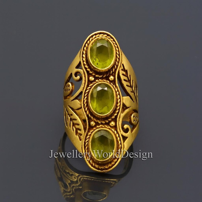 Peridot Gold Statement Ring, Triple Green Gemstone Ring, Vintage Style Handmade Brass Ring, Boho Luxury Jewelry, Gift for Her image 1