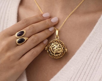 Gold Om Harmony Ball Necklace, Spiritual Om Locket Pendant, Yoga Meditation Bola Ball Necklace, Sacred Symbol Jewelry, Healing Gift for Her