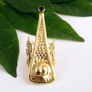 Pfauenfeder Messingring, Statement vergoldeter langer Ring, schwarzer Onyx Natur inspiriert Schmuck, ethnischer indischer Ring für Frauen