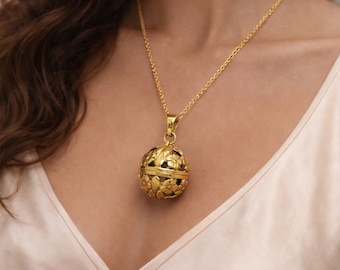 Floral Ball Locket Necklace, Brass Gold Secret Compartment Pendant, Boho Jewelry