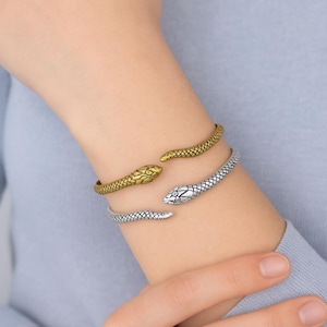 Handmade Brass Snake Bangle: Adjustable Boho Cuff Bracelet, Snake Cuff Bracelet, Serpent Bangle, Boho Jewelry, Brass Arm Cuff, Gift for Her