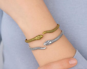 Pulsera tipo brazalete con diseño de serpiente, brazalete ajustable con forma de serpiente, pulsera de serpiente dorada y plateada, joyería gótica, brazalete minimalista, regalo unisex.