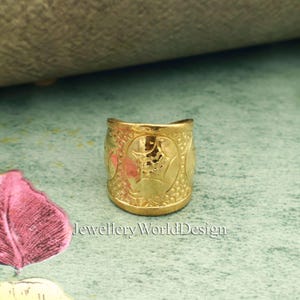 Wide Floral Brass Ring, Adjustable Gold Band Ring, Statement Etched Ring, Boho Vintage Inspired Ring, Handmade Tribal Ring for Women