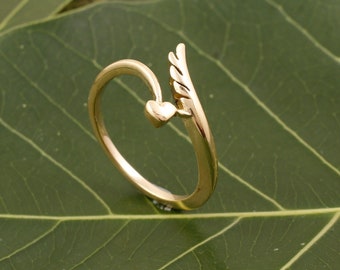 Minimalist Heart Wing Ring, Gold Adjustable Ring, Angel Wing Heart Ring, Delicate Love Ring, Boho Dainty Jewelry, Everyday Stackable Ring
