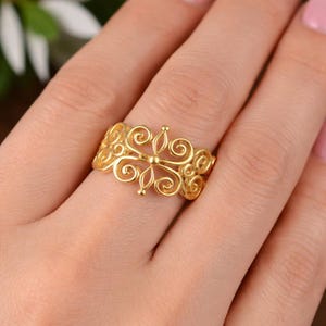 Anillo de filigrana de oro, estilo vintage, con diseño floral, estilo bohemio, hecho a mano, adornado, para mujer, regalo para ella, AK-3ll1ds
