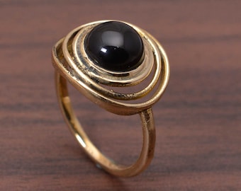 Black Onyx Statement Ring, Handmade Gold Wire Wrapped Ring, Boho Vintage Style Cabochon Ring, Artisan Jewelry Gift, Valentines Gift For Her