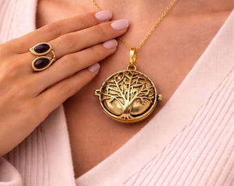 Gold Tree of Life Poison Locket Necklace, Secret Compartment Pendant, Nature Inspired Vintage Keepsake, Aromatherapy Jewelry Gift for Her