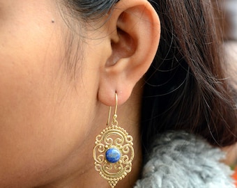 Lapis Lazuli Filigree Earrings, Gold Boho Dangle Earrings, Blue Stone Vintage Style Earrings, Handmade Ethnic Jewelry Gift for Her