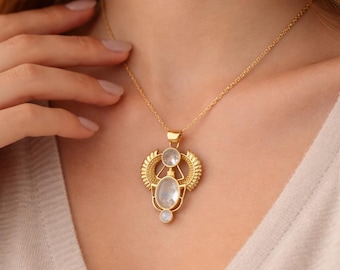 Moonstone Scarab Pendant Necklace, Egyptian Scarab Necklace, Gold Moonstone Pendant, Ancient Egypt Jewelry, Necklace, Handmade Gift for Her