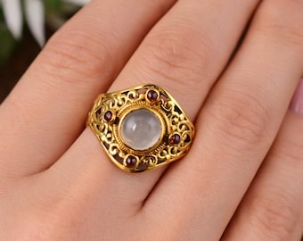 Moonstone Gold Ring with Garnet, Vintage Filigree Ring, Mystical Statement Ring, Ornate Gold Ring for Women, Spiritual Jewelry Gift