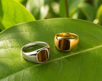 Anillo de sello ojo de tigre, anillo ojo de tigre de oro, anillo llamativo para hombre, anillo de piedra preciosa cuadrada, anillo de sello vintage, regalo de joyería de cristal unisex