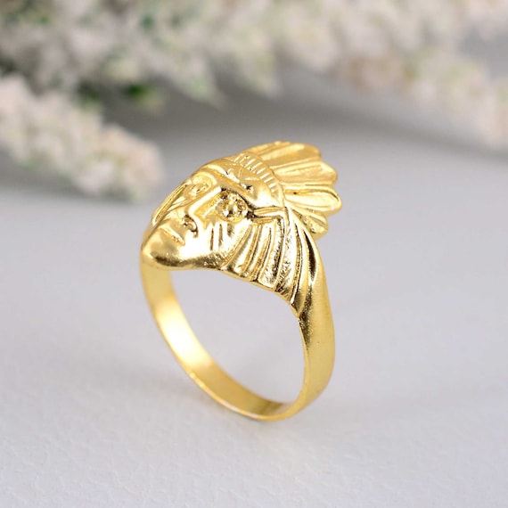 Textured Indian Chief Head Ring: 10K Yellow Gold Brass Band - Etsy