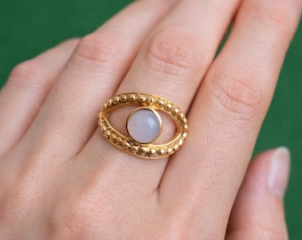 Moonstone Gold Beaded Ring, Minimalist Gemstone Ring, Vintage Style Cabochon Ring, Handmade Gold Statement Ring, Gift for Her,   AK-3lk1su