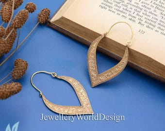 Handmade Brass Tribal Hoop Earrings, Boho Filigree Dangle Jewelry