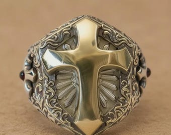Anillo con cruz medieval hecho a mano, escudo de caballero gótico, regalo artesanal, anillo llamativo, anillo para hombre