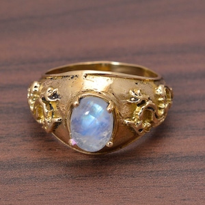 Moonstone Dragon band gold ring, fantasy mythical sterling silver steampunk gothic punk ring, Rainbow Moonstone, Vintage ring,     AK-3ld1nu