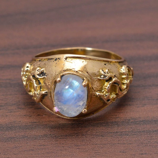 Moonstone Dragon band gold ring, fantasy mythical sterling silver steampunk gothic punk ring, 14K Gold Ring, Rainbow Moonstone, Vintage ring