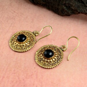 Black and gold huggie hoops, Dainty sleeper earrings with black spinel charms, Tiny second hole hoop, Silver image 4