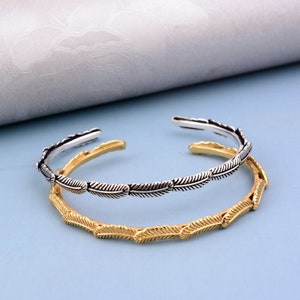 Gold Feather Cuff Bracelet | Adjustable Boho Brass Bangle | Handmade Tribal Jewelry for Women, Inspired Jewelry, Retro Wedding Bracelet