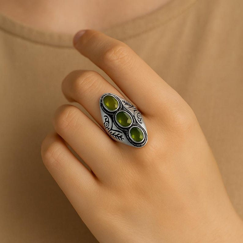 Peridot Gold Statement Ring, Triple Green Gemstone Ring, Vintage Style Handmade Brass Ring, Boho Luxury Jewelry, Gift for Her image 6