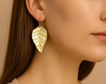 Boho Leaf Dangle Earrings, Brass, Nature Inspired Botanical Statement Jewelry