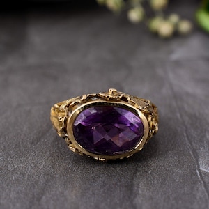 Signet stone cut Amethyst Ring, Ring for Man/Women, Silver Ring, 18k Gold fill, Statement Bohemian Ring, Amethyst Signet Stone jewelry, boho