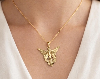 Gold Fairy Pendant Necklace, Fantasy Angel Wing Necklace, Magical Woodland Jewelry, Boho Nature Inspired Pendant, Dainty Gift for Her