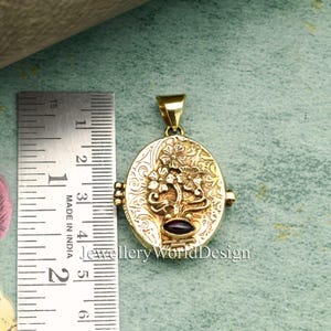 Ornate Floral Brass Locket Pendant, Marquise Gemstone Locket Necklace, Vintage Boho Photo Locket, Handmade Ethnic Jewelry, Gift for Her