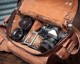 Personalized Leather Camera Bag, Camera Satchel Bag, Shoulder Camera Bag For Travel Nikon, Canon, Sony DSLR, Real Leather Saddle Bag