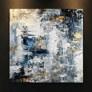 Large Navy and Gold Textured Abstract Oil Painting Contemporary Modern Minimalist Impasto Canvas Wall Art Living Room Decor