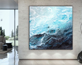 Pintura de olas de paisaje marino de horizonte extra grande, pintura acrílica moderna sobre lienzo, arte de pared original, pintura moderna, pinturas grandes lac679