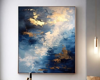 Oversized Bold Navy Blue & Gold Art, Blue Sky And Golden Water Form Abstract Artwork, Dark Indigo And Light Gold Shades On Canvas