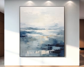 Arte da parete moderna su tela blu oceano di grandi dimensioni, arte acrilica fantasia di alta qualità su tela, arte su tela originale fatta a mano con paesaggio marino blu, decorazione domestica