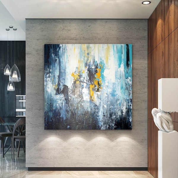 Large Blue Abstract Painting, Modern Painting on Canvas , Acrylic Abstract Canvas Art, Blue Teal White Yellow, Vibrant Colours BNC046