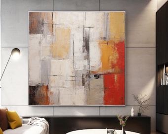 Tons terreux évocateurs pour la chambre principale, traits fins fantaisie faits main sur toile, art mural original dans les tons gris et orange, cadeau pour maman et papa