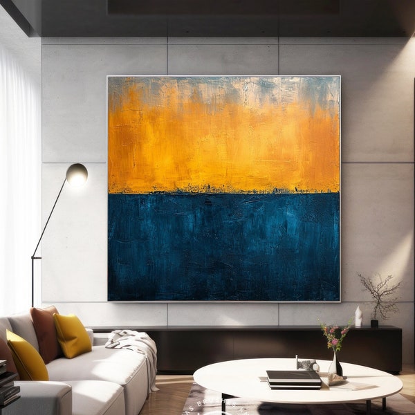 Horizon surdimensionné peinture sur toile or bleu, art abstrait bleu moderne de paysage marin pour chambre de luxe, art mural de chambre à coucher, idées cadeaux élégantes