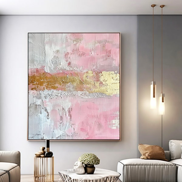 Art abstrait fait main rose et feuille d'or, ligne horizon dorée moderne sur toile dorée, art contemporain de salon de luxe, cadeaux personnalisés