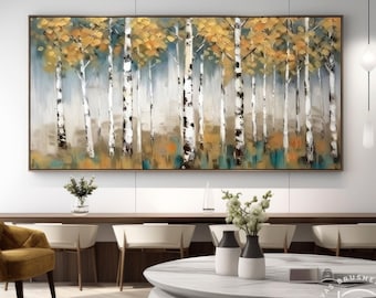 Original Birch Forest Acrylic Painting For Dining Room, Large Autumn Landscape Art, Large Canvas Wall Decor For Contemporary Living Room