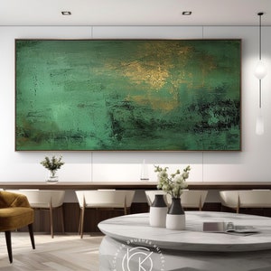 Large Green Abstract Painting For Dining Room, Minimalist Green & Gold Wall Art On Canvas, Modern Green Decor, Gift For Christmas Walls