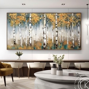 Pintura acrílica de bosque de abedul Original para comedor, arte de paisaje de otoño grande, decoración de pared de lienzo grande para sala de estar contemporánea imagen 1