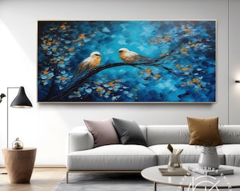 Blue Romantic Love Birds Landscape Painting, Original Bird Painting On Canvas, Tree Acrylic Wall Art For Living Room, Bedroom Home Decor