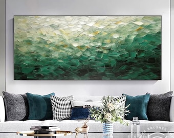 Large Green Textured Boho Abstract Oil Painting on Canvas, Modern Living Room Spiritual Home Decor, Original Green Wall Art For Home Decor