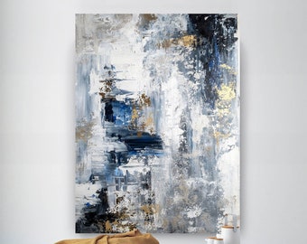 Extra Large Wall Art-Original Abstract Painting,Blue Grey White Gold Painting, Home Decor,Palette Knife Art BNC023