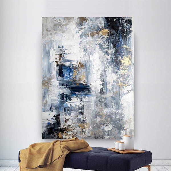 Luxurious Blue & Silver Texture Abstract Artwork, Vertical Silver And Gold Wall Decor, Large Dinning Room Wall Painting, New Year Gift Art
