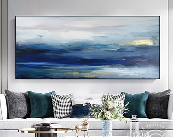 Pittura acrilica astratta originale del mare blu profondo, arte del paesaggio del cielo strutturato del mare, grande arte della parete su tela blu, colori e dimensioni personalizzabili