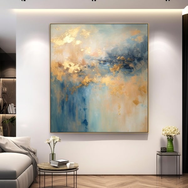 Unique Gold Leaf Abstract Painting With Blue, Original Blue & Gold Textured Canvas Wall Art, Modern Blue With Gold Foil Art, Modern Blue Art