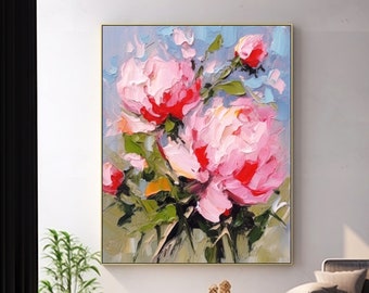 Original rosa Pfingstrosen Gemälde auf Leinwand, lebendige rosa Blumen Wandkunst, handgemachte florale Kunstwerk für Wohnkultur, pastosen Wand-Dekor-Geschenke